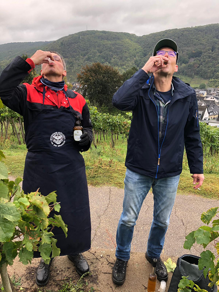 Gert und Chrissie trinken Höffe bei der Lese